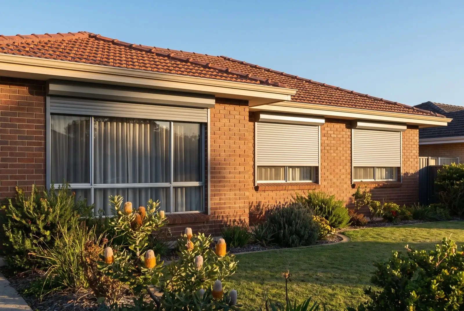 Illustration of mid grey roller shutters on a 1970s brick house