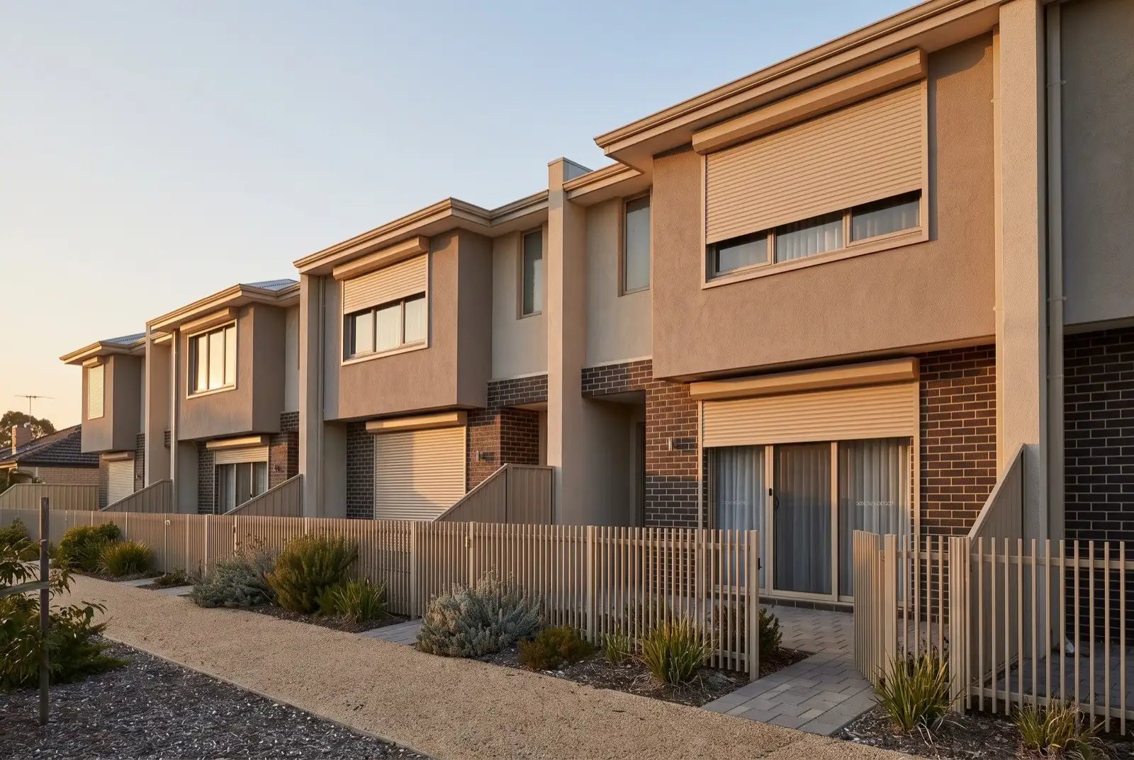 Illustration of warm beige roller shutters on two storey townhouses