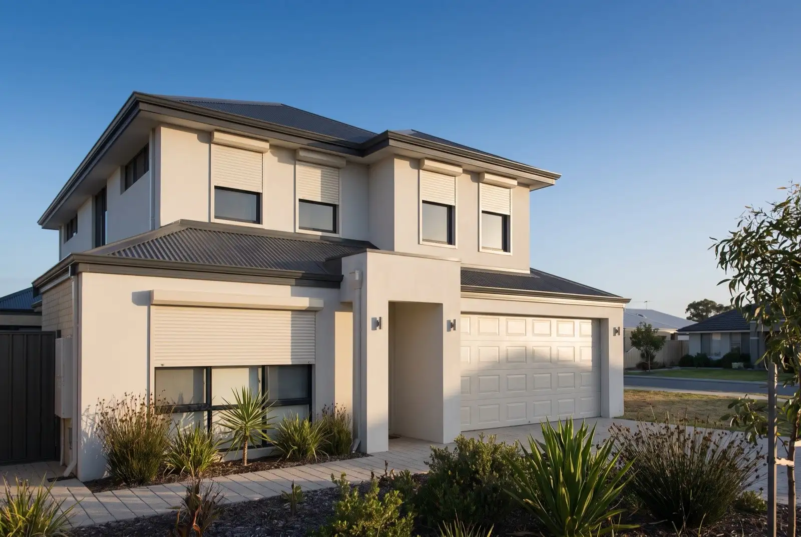 Illustration of off-white roller shutters on a modern two storey house