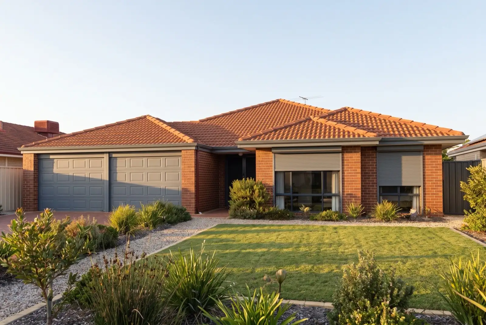 Illustration of mid grey roller shutters on a 1990s brick house