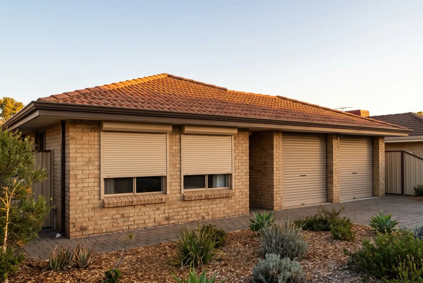 Illustration of warm beige roller shutters on a 1990s brick house