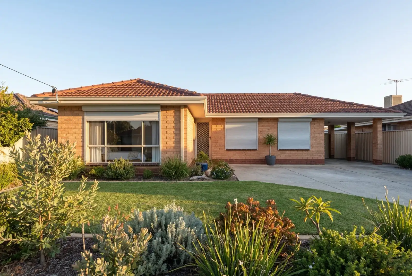 Illustration of pale grey roller shutters on a 1970s brick house