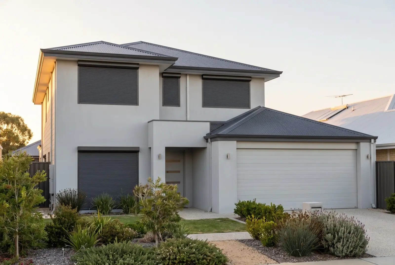 Illustration of charcoal roller shutters on a modern two storey house
