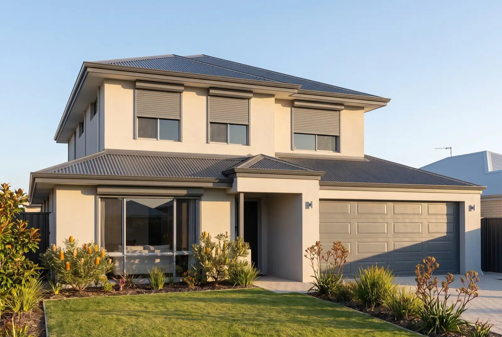 Illustration of mid grey roller shutters on a modern two storey house