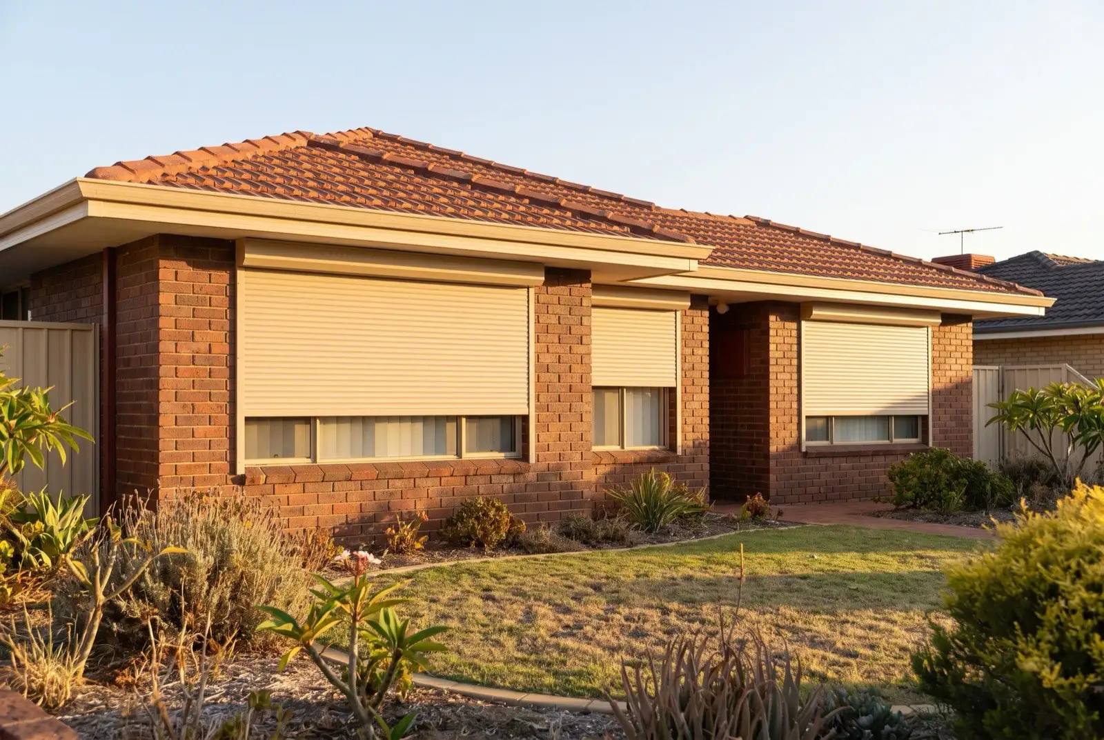 Illustration of warm beige roller shutters on a 1970s brick house