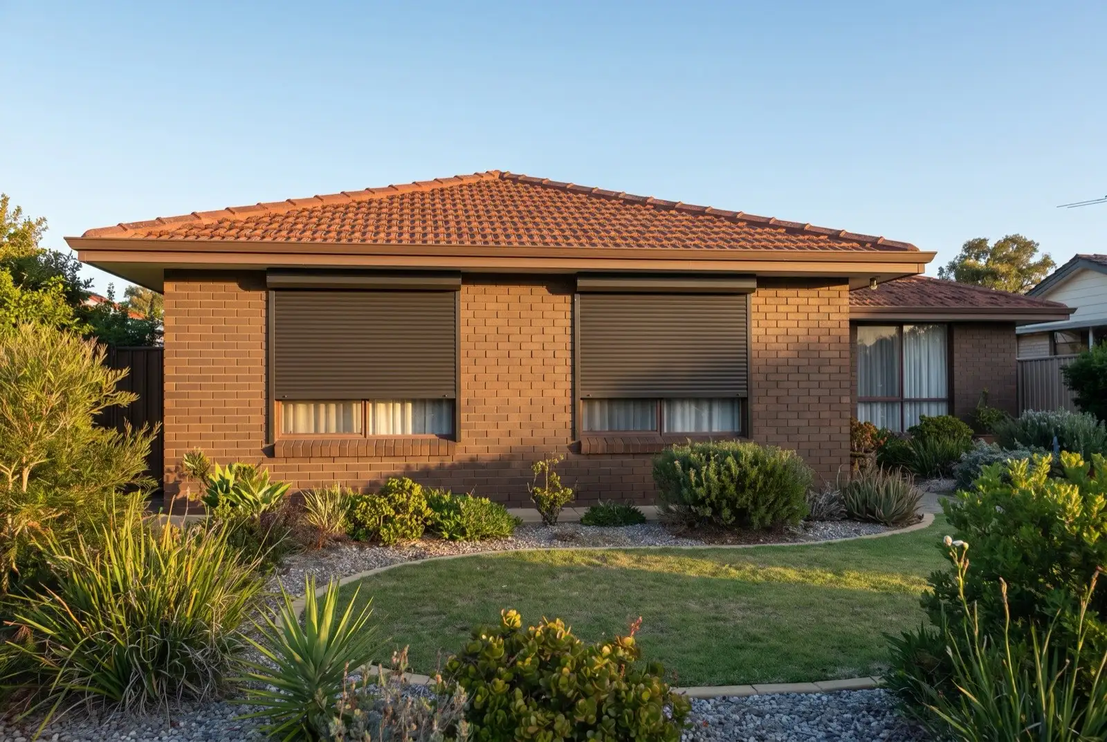 Illustration of dark bronze roller shutters on a 1970s brick house