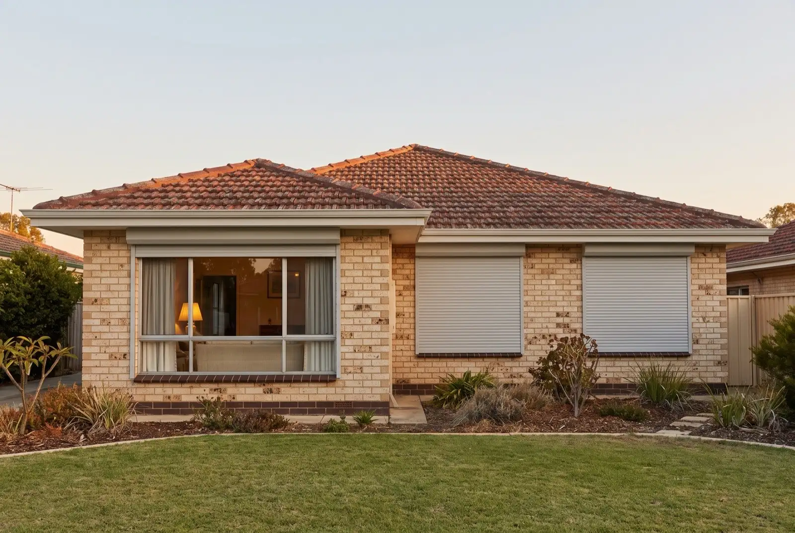 Illustration of pale grey roller shutters on a 1970s brick house