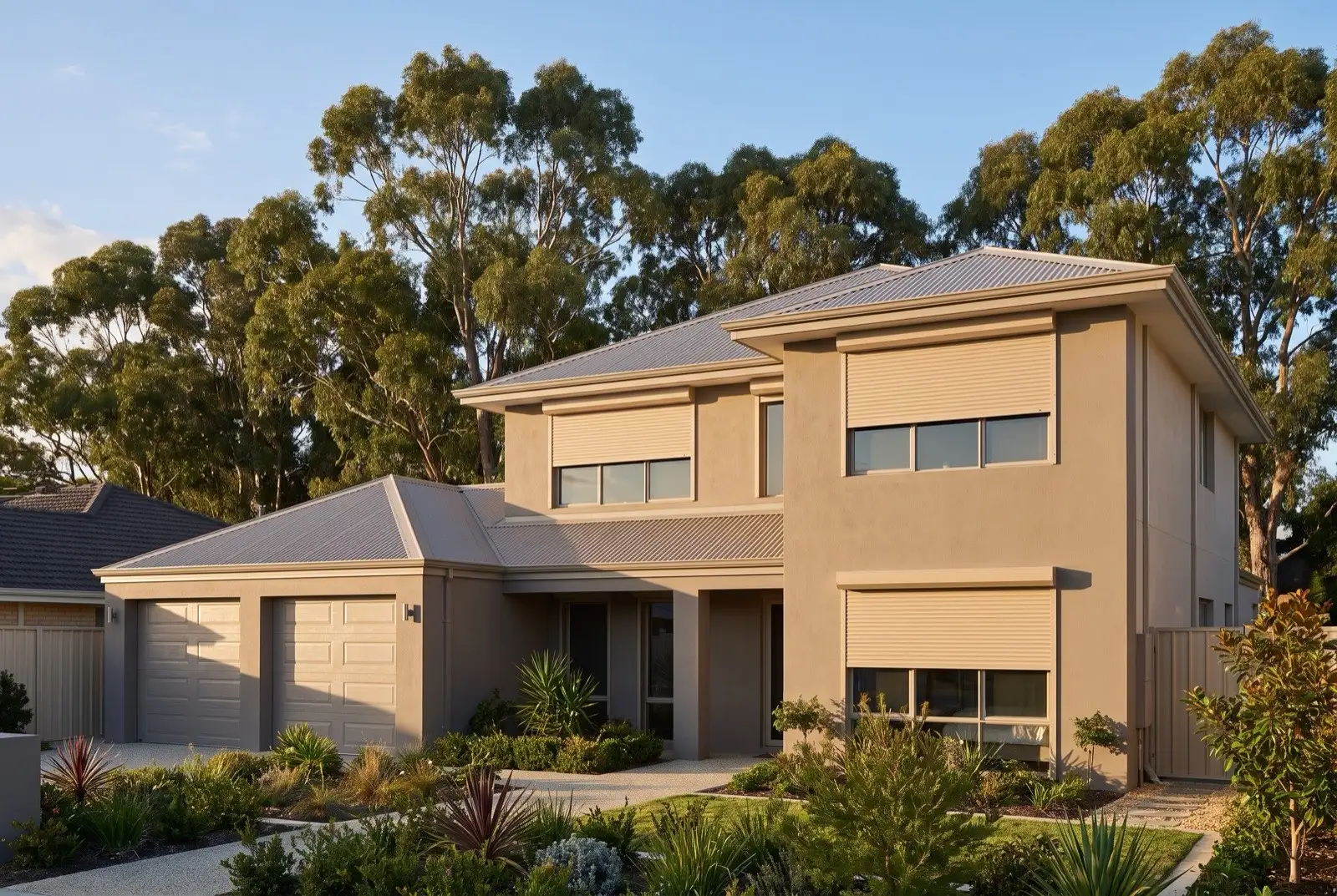 Illustration of warm beige roller shutters on a modern two storey house on a bush block