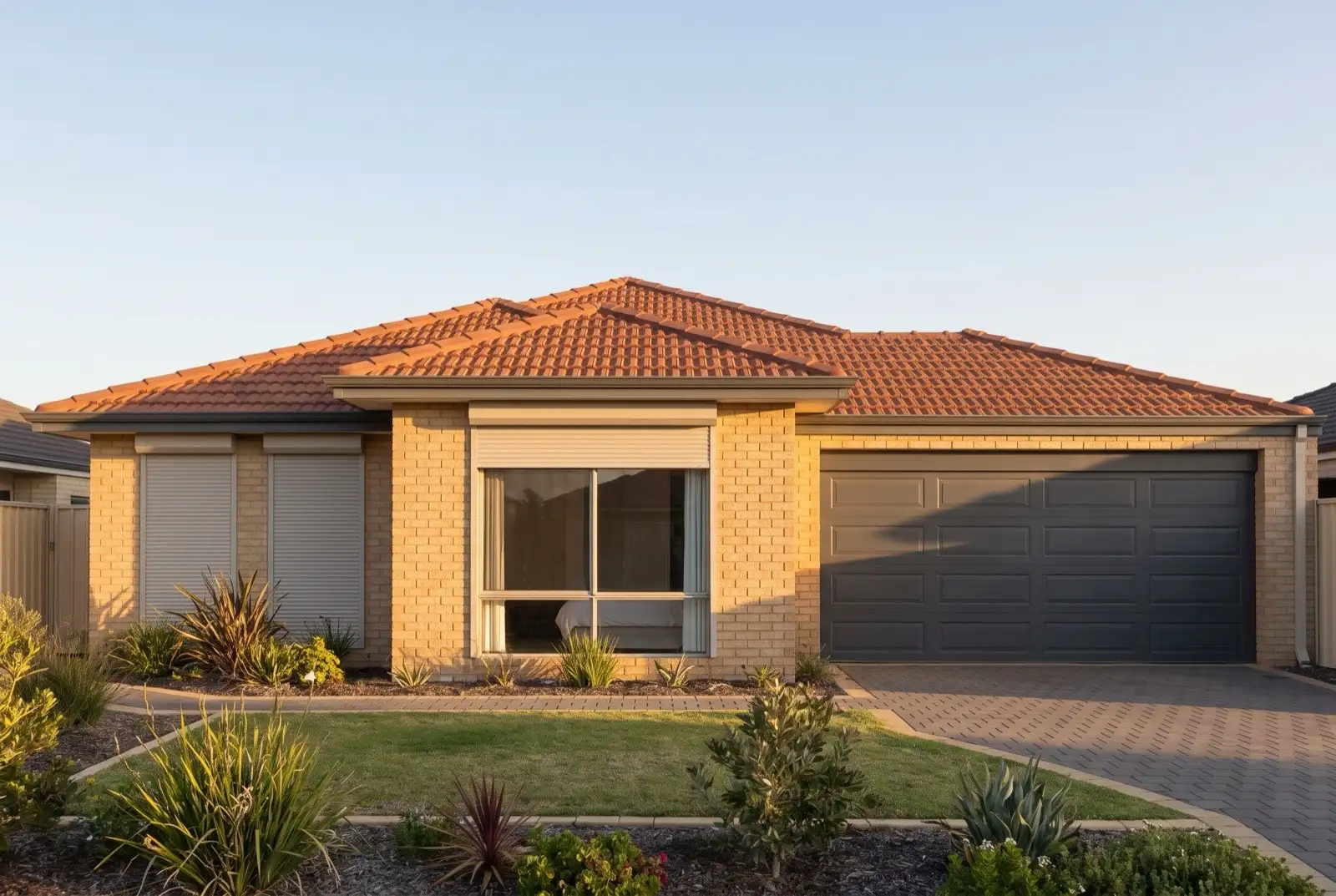 Illustration of pale grey roller shutters on a 1990s brick house