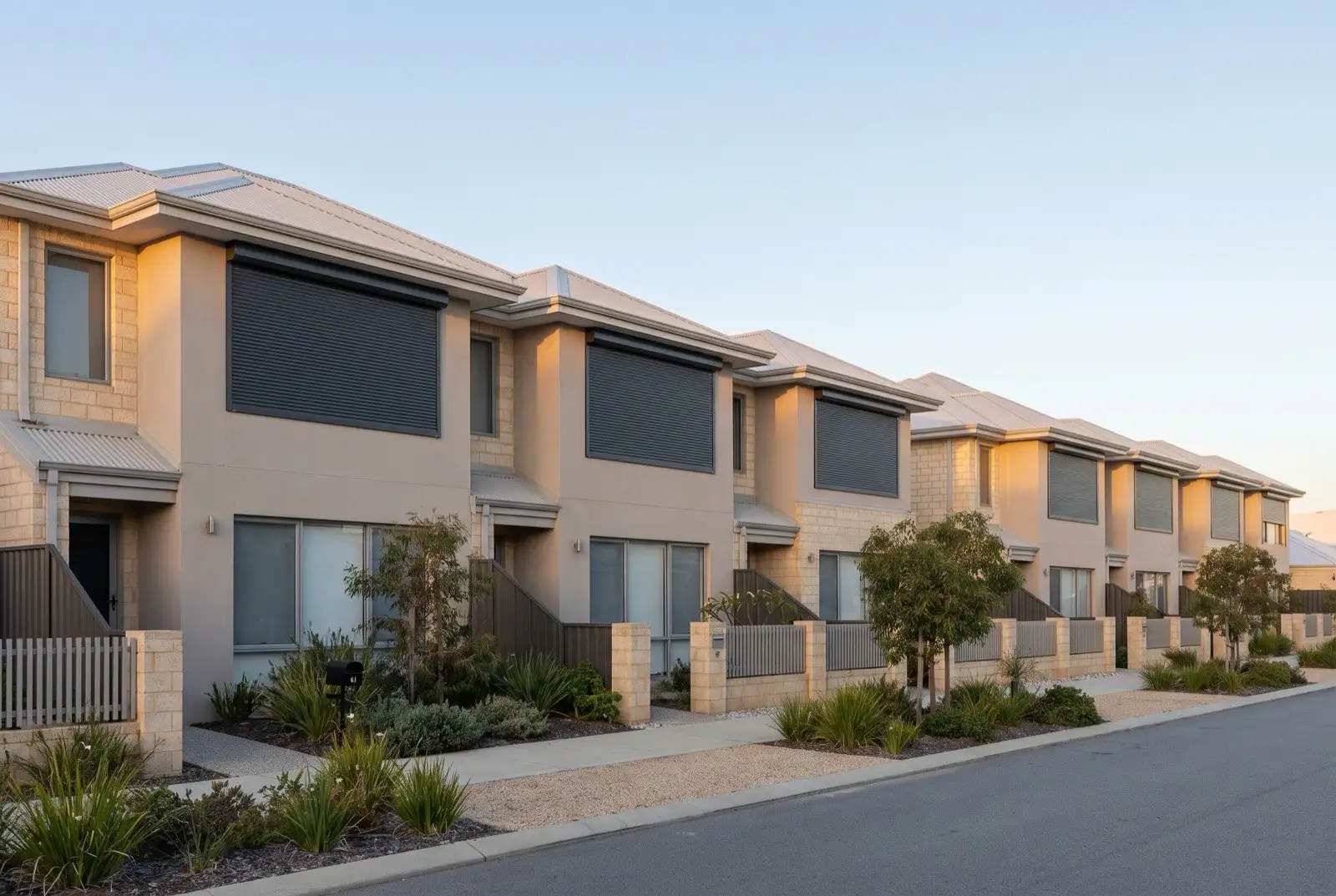 Illustration of charcoal roller shutters on two storey townhouses