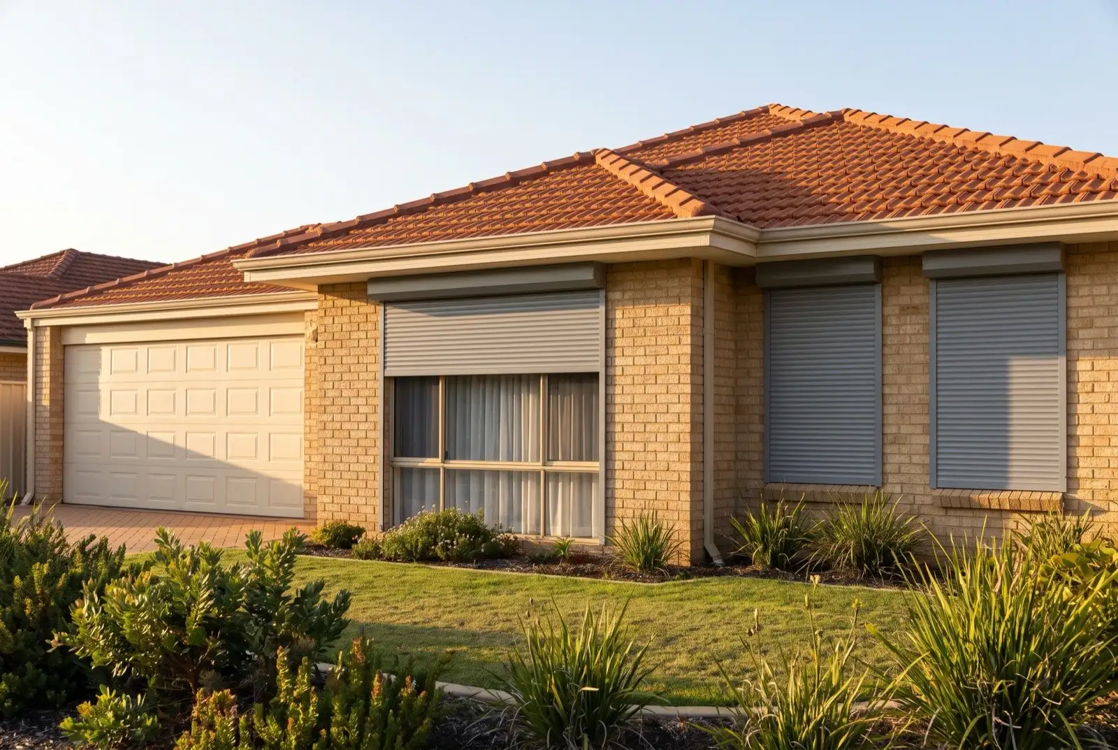 Illustration of mid grey roller shutters on a 1990s brick house