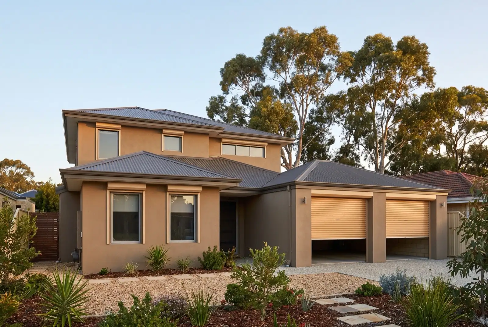 Illustration of warm beige roller shutters on a modern two storey house on a bush block