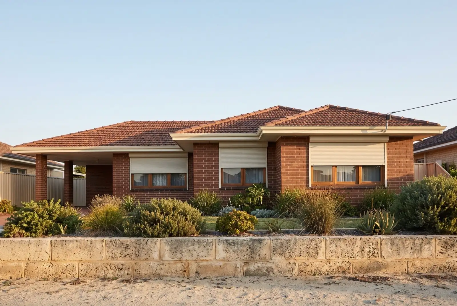Illustration of off-white roller shutters on a 1950s brick and tile house near the coast