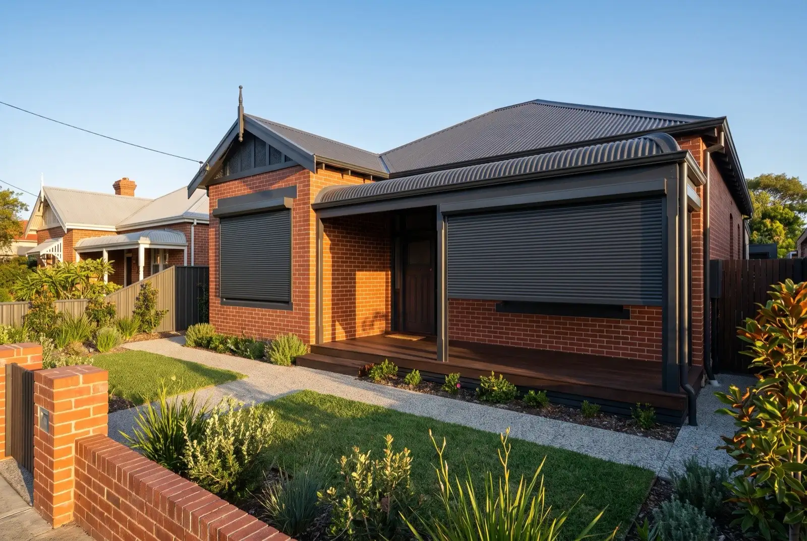 Illustration of charcoal roller shutters on a restored early 1900s bungalow