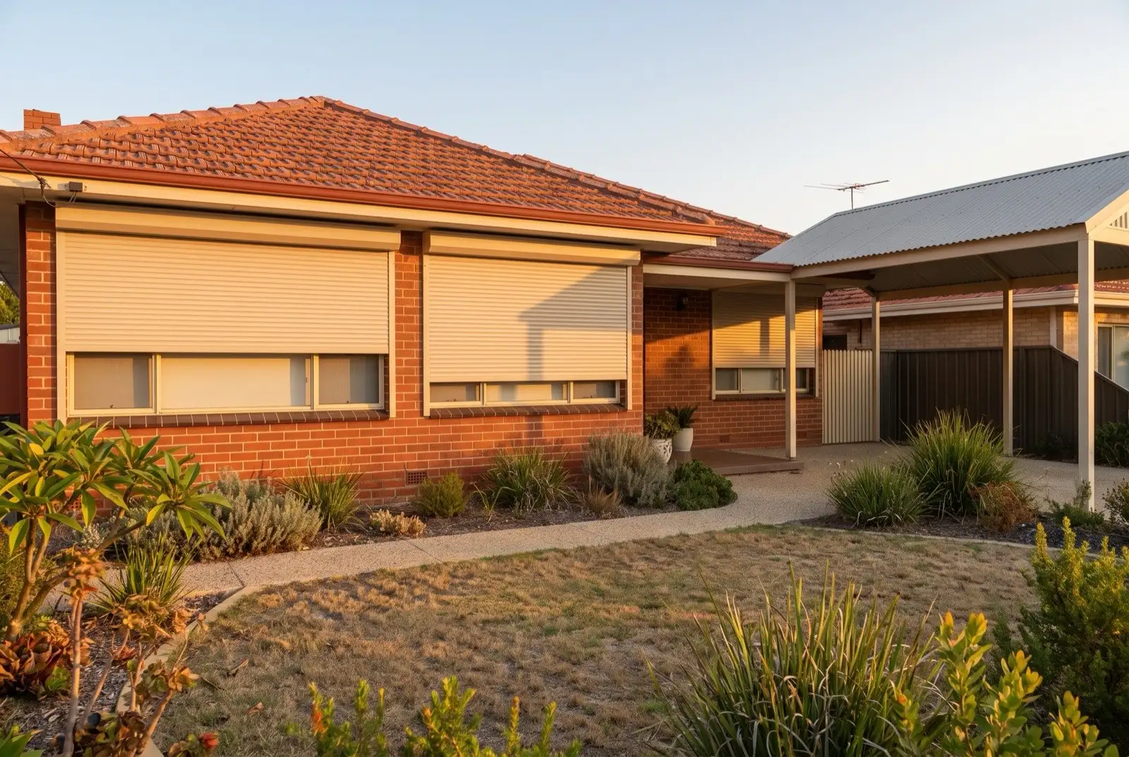Illustration of warm beige roller shutters on a 1950s brick and tile house