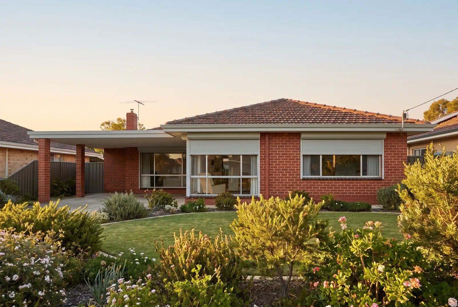 Illustration of pale grey roller shutters on a 1950s brick and tile house