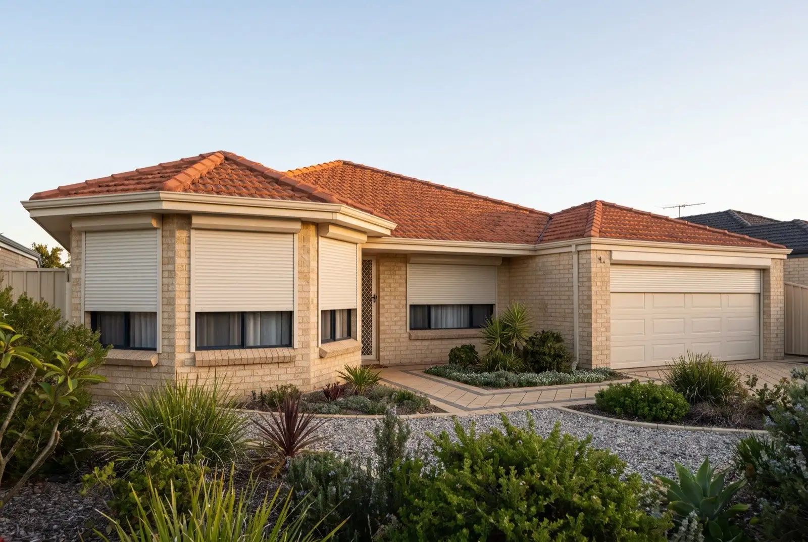 Illustration of off-white roller shutters on a 1990s brick house