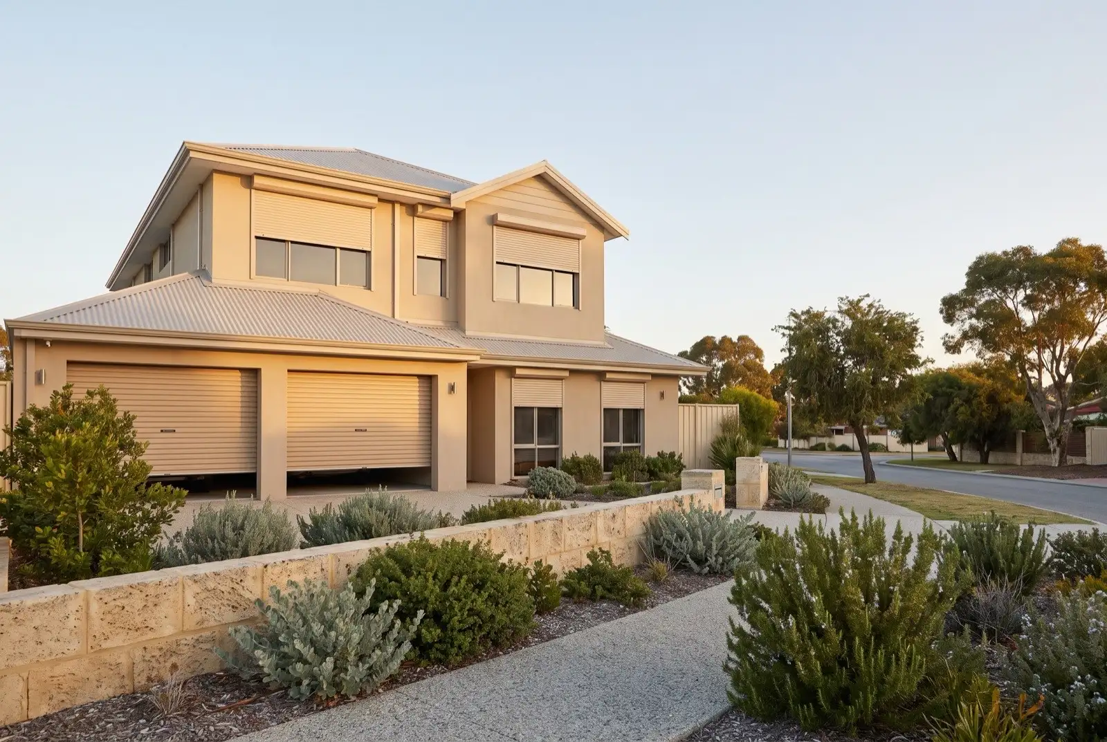 Illustration of warm beige roller shutters on a modern two storey house near the coast
