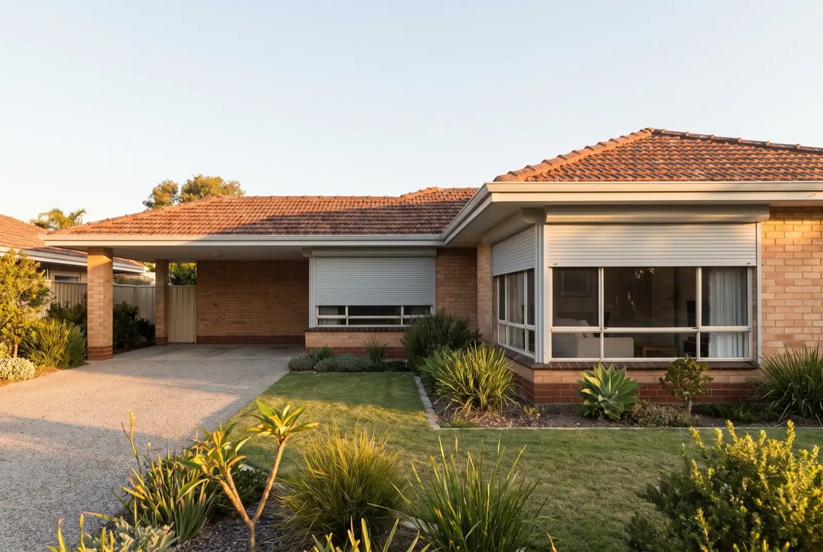 Illustration of pale grey roller shutters on a 1950s brick and tile house