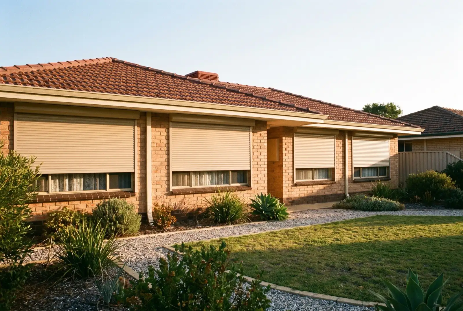 Illustration of warm beige roller shutters on a 1970s brick house