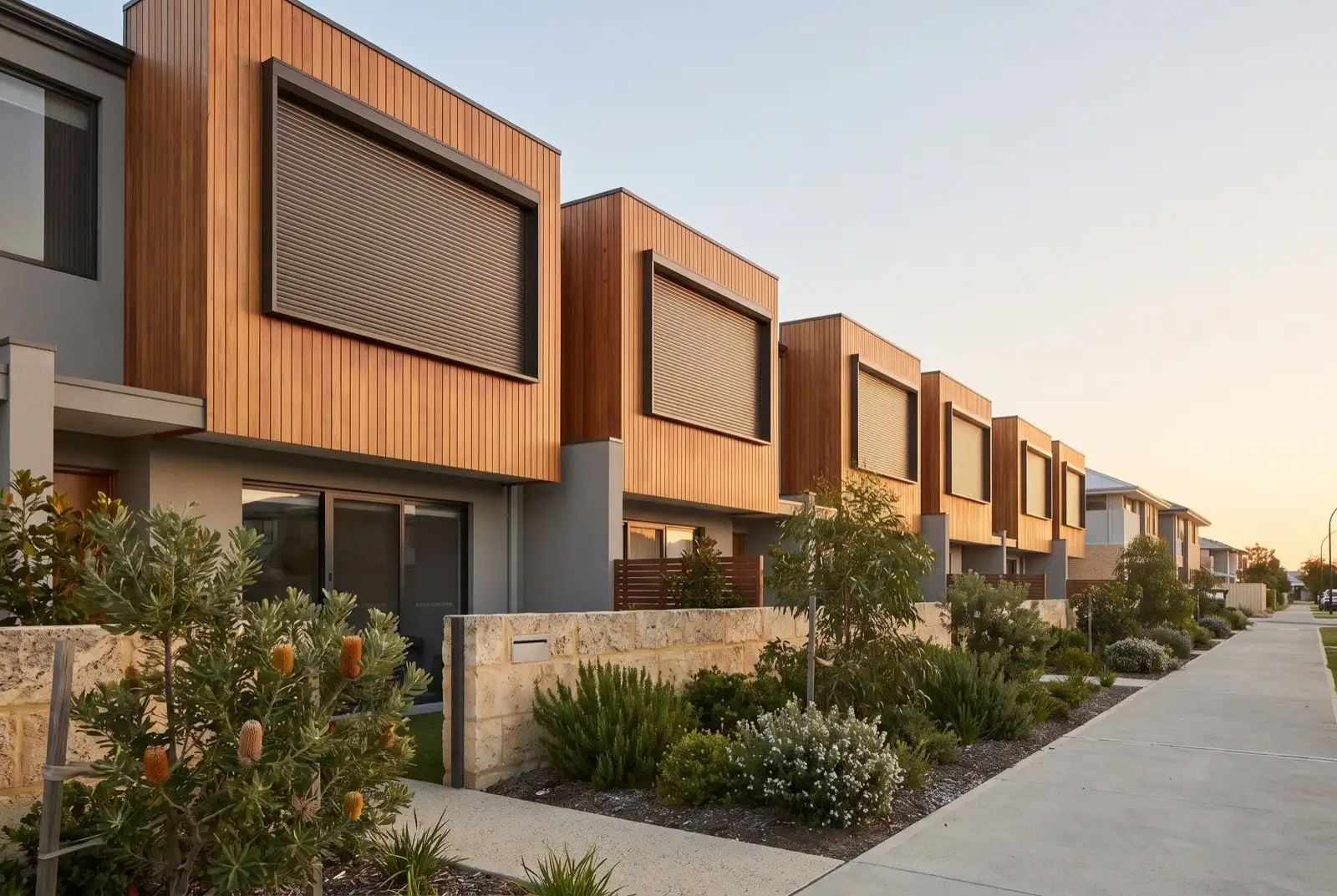 Illustration of dark bronze roller shutters on two storey townhouses near the coast