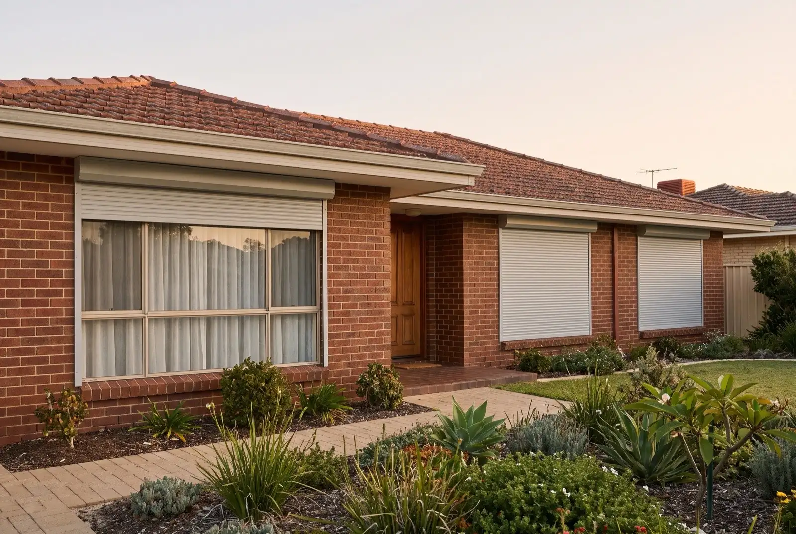 Illustration of pale grey roller shutters on a 1970s brick house