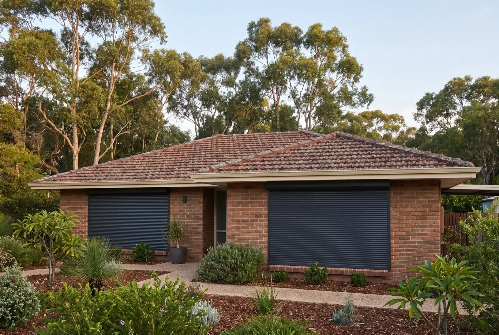 Illustration of charcoal roller shutters on a 1970s brick house on a bush block