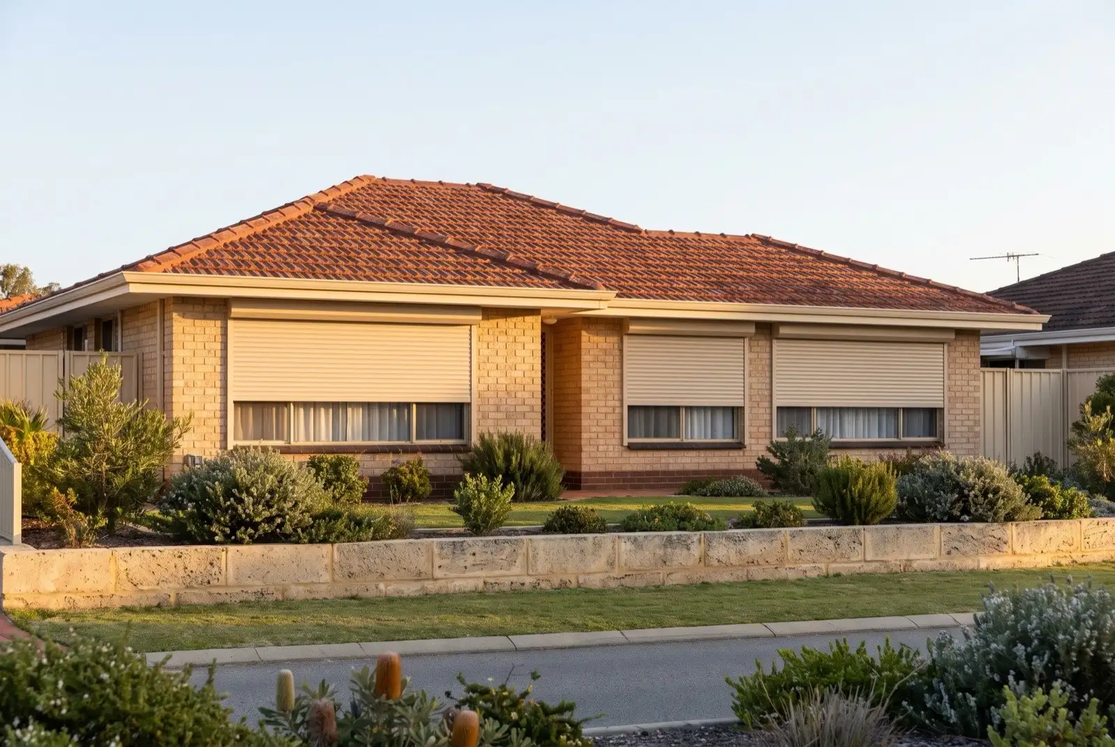 Illustration of warm beige roller shutters on a 1970s brick house near the coast