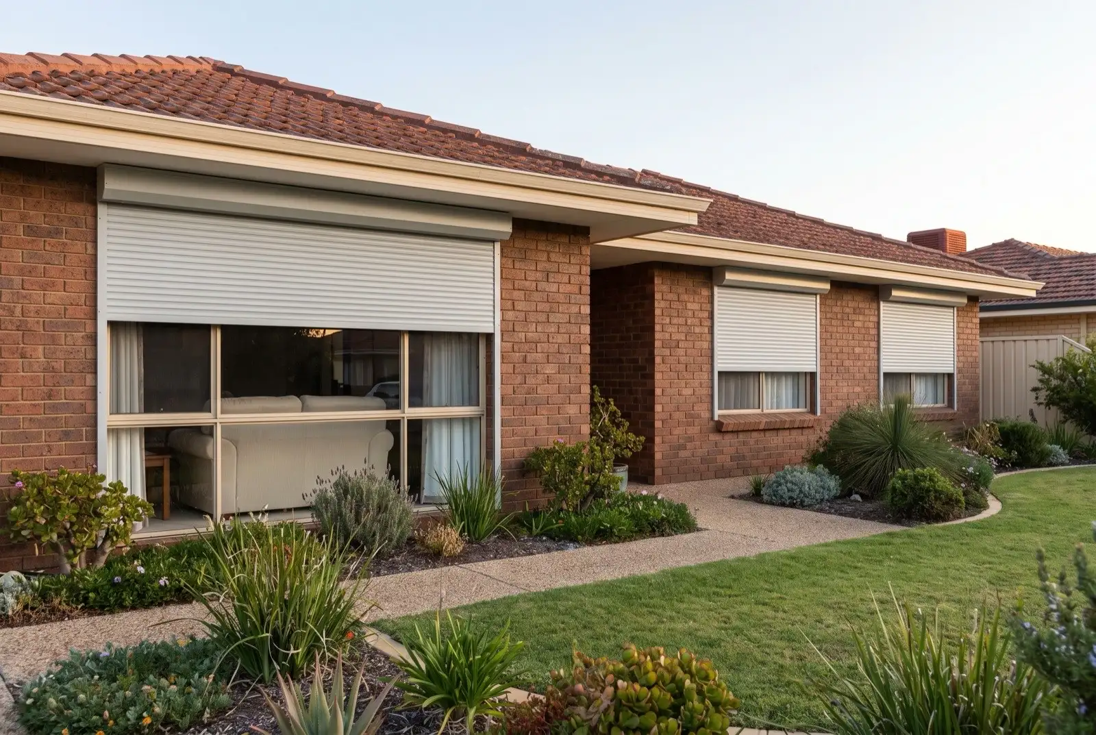 Illustration of pale grey roller shutters on a 1970s brick house