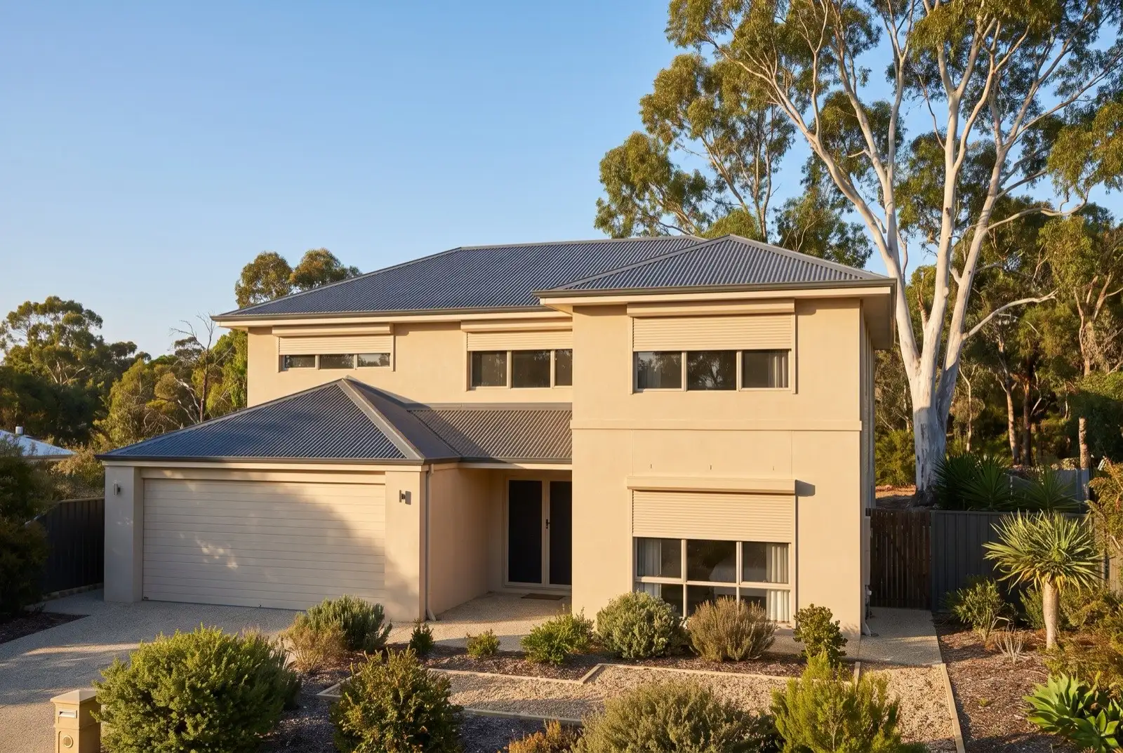 Illustration of warm beige roller shutters on a modern two storey house on a bush block