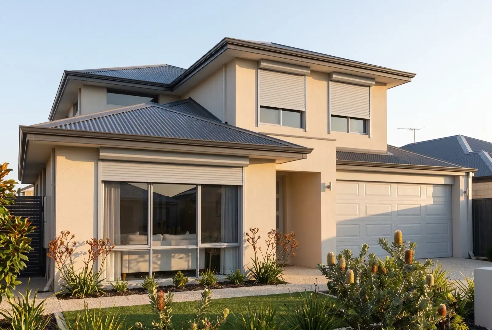 Illustration of pale grey roller shutters on a modern two storey house