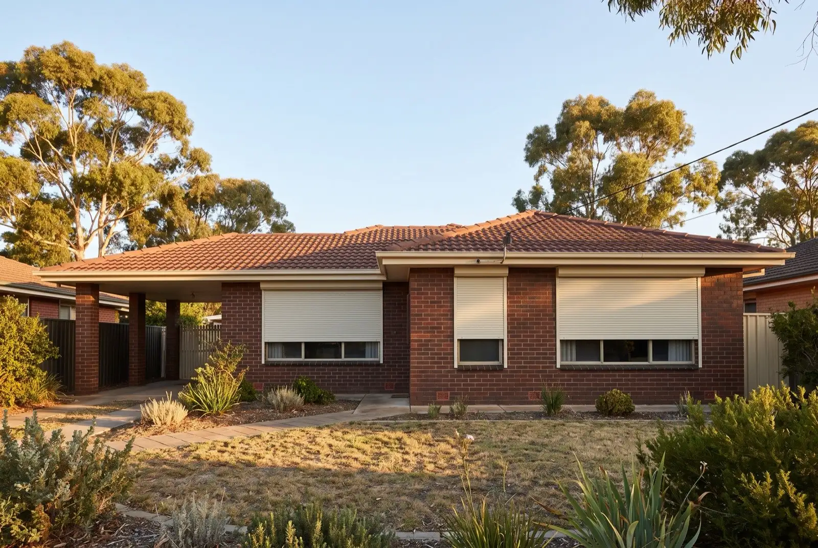 Illustration of off-white roller shutters on a 1950s brick and tile house