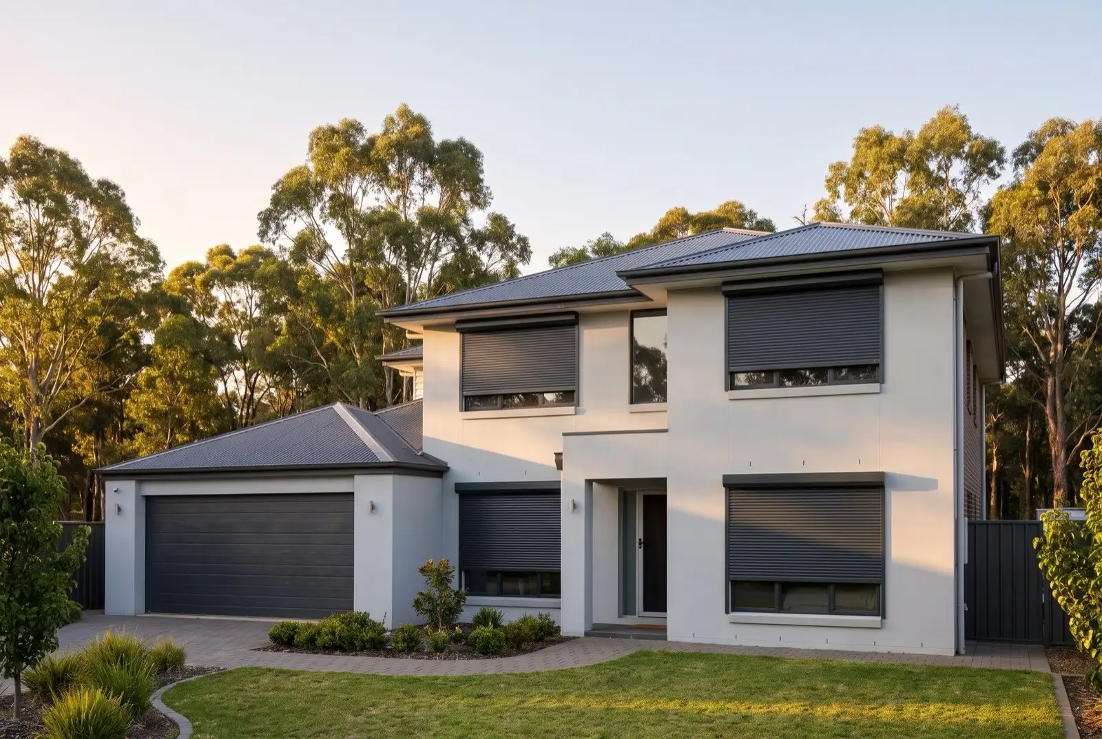 Illustration of charcoal roller shutters on a modern two storey house on a bush block