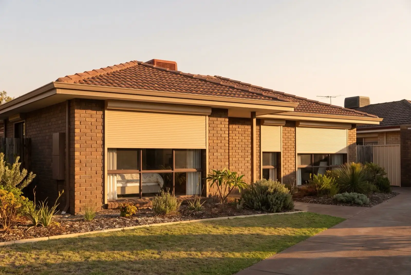 Illustration of warm beige roller shutters on a 1970s brick house