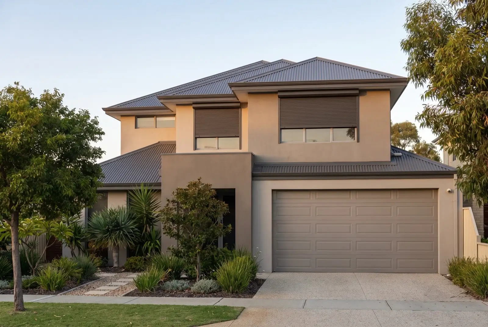 Illustration of dark bronze roller shutters on a modern two storey house