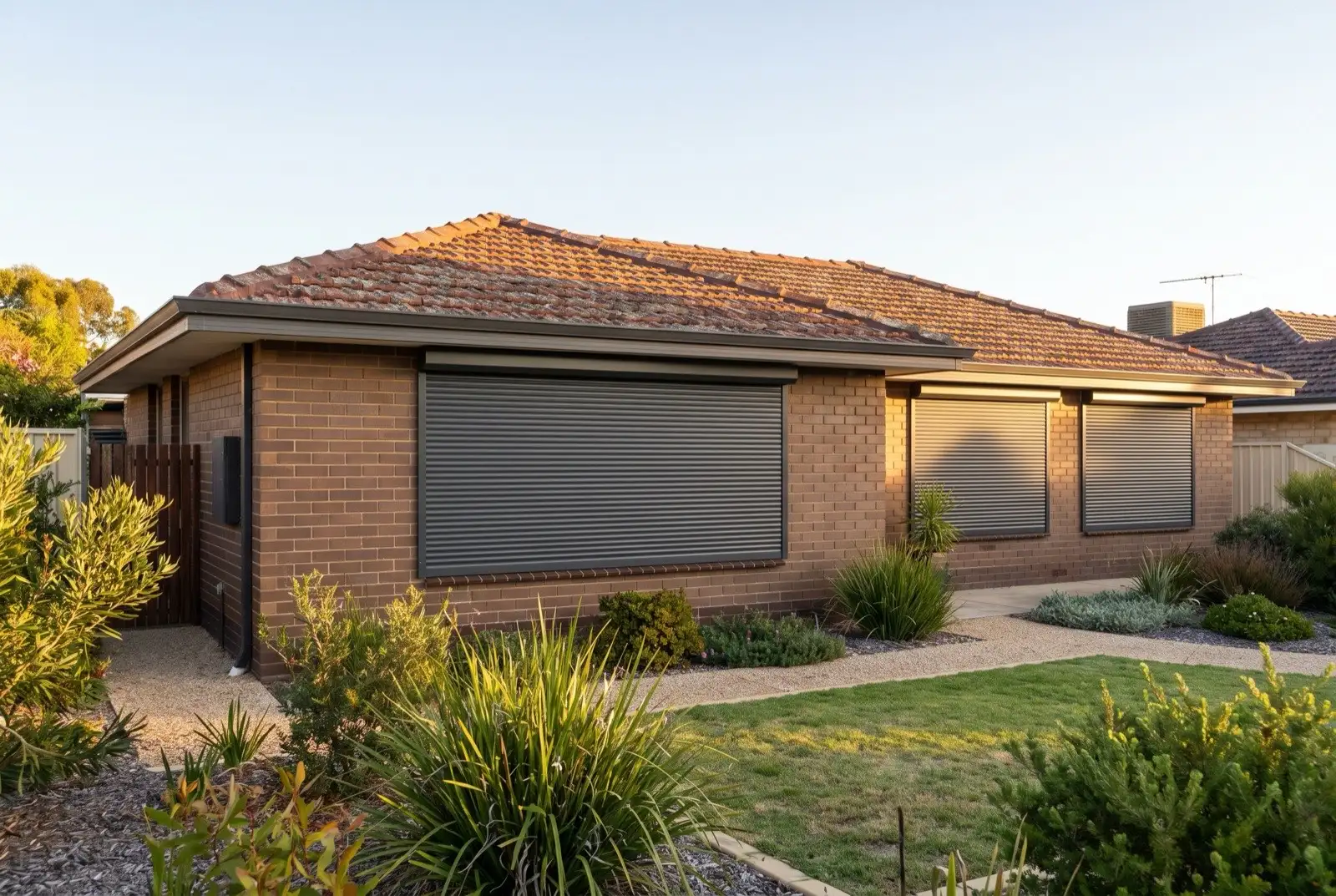 Illustration of charcoal roller shutters on a 1970s brick house