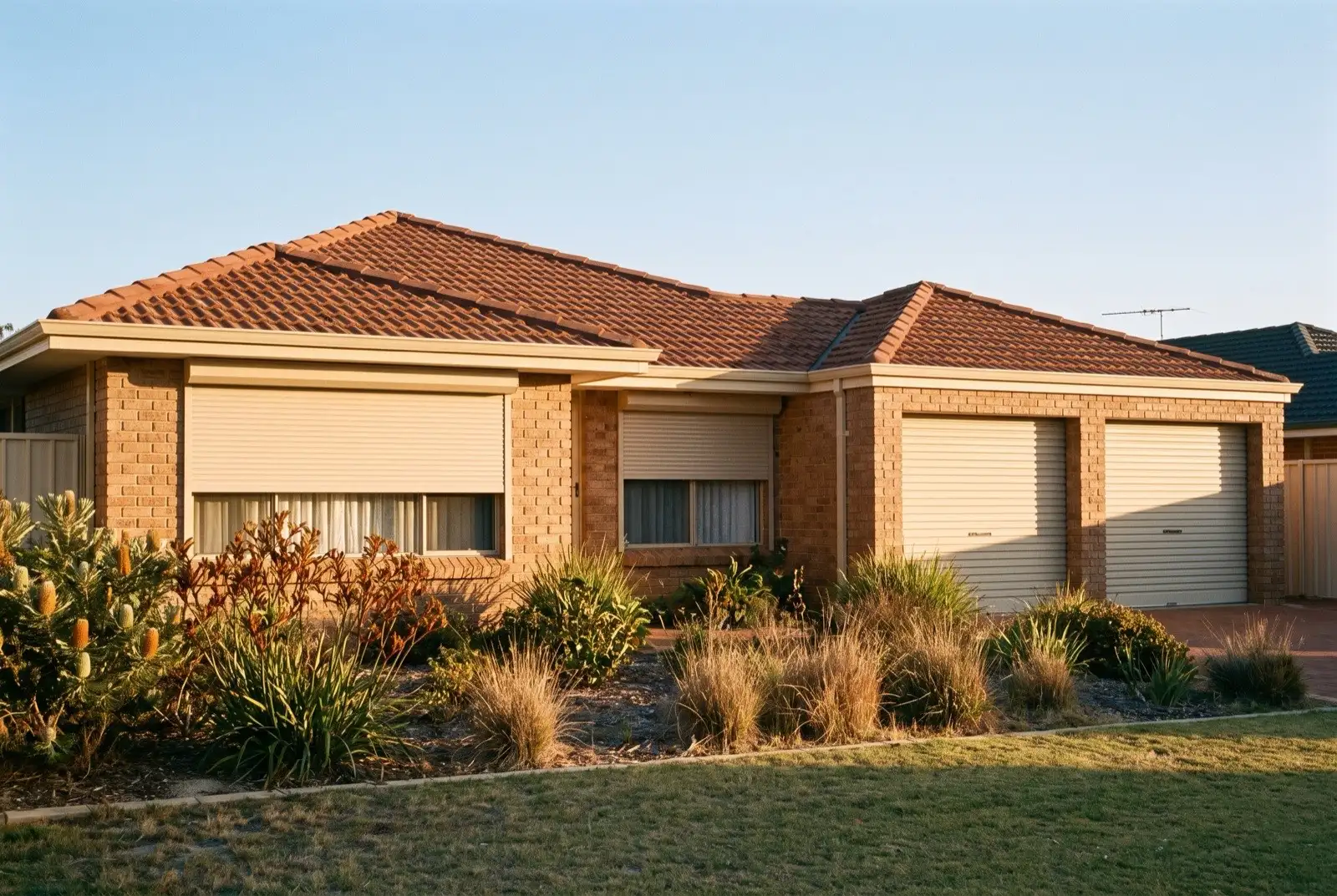 Illustration of warm beige roller shutters on a 1990s brick house