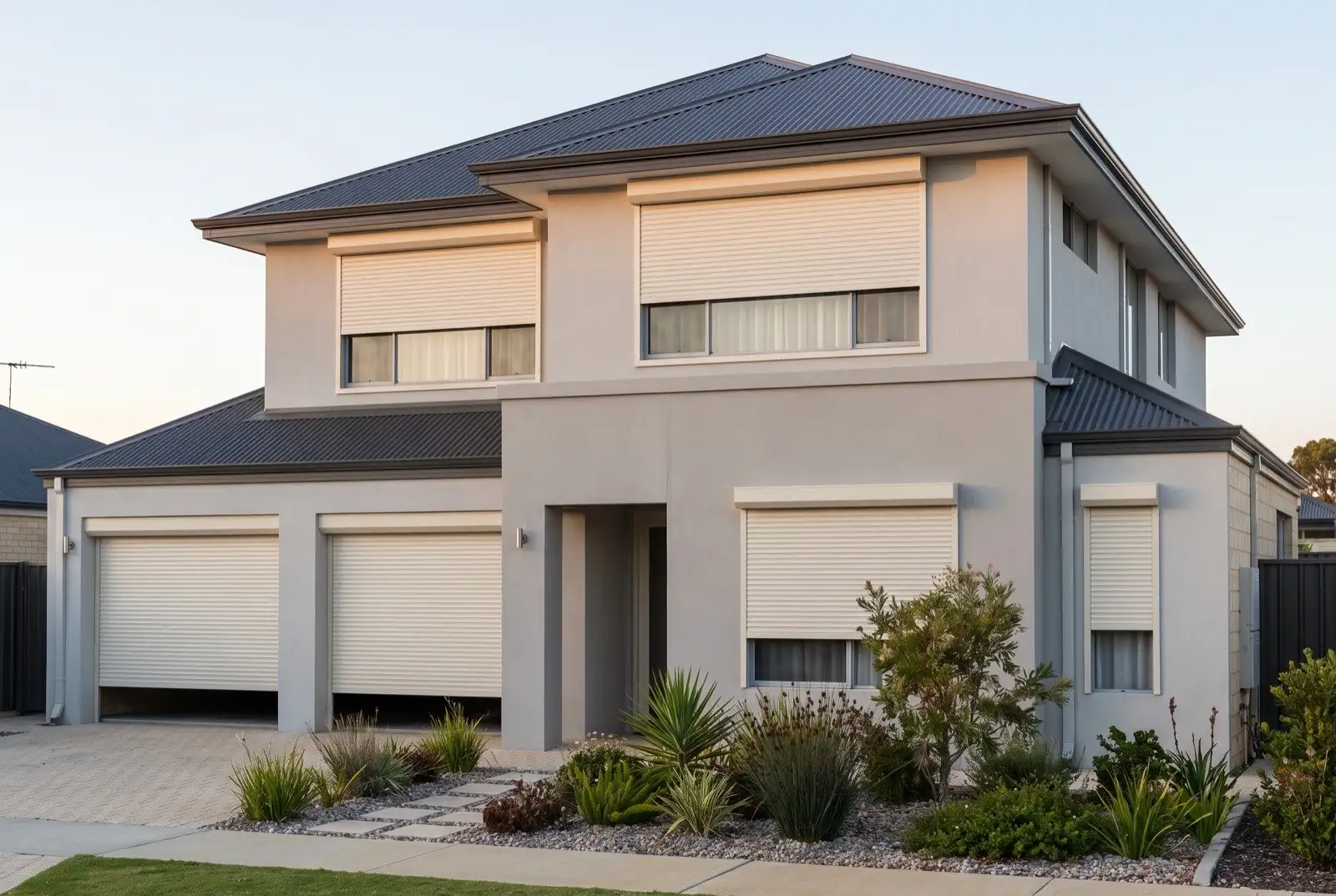 Illustration of off-white roller shutters on a modern two storey house