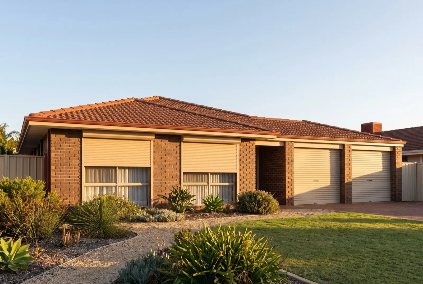 Illustration of warm beige roller shutters on a 1990s brick house