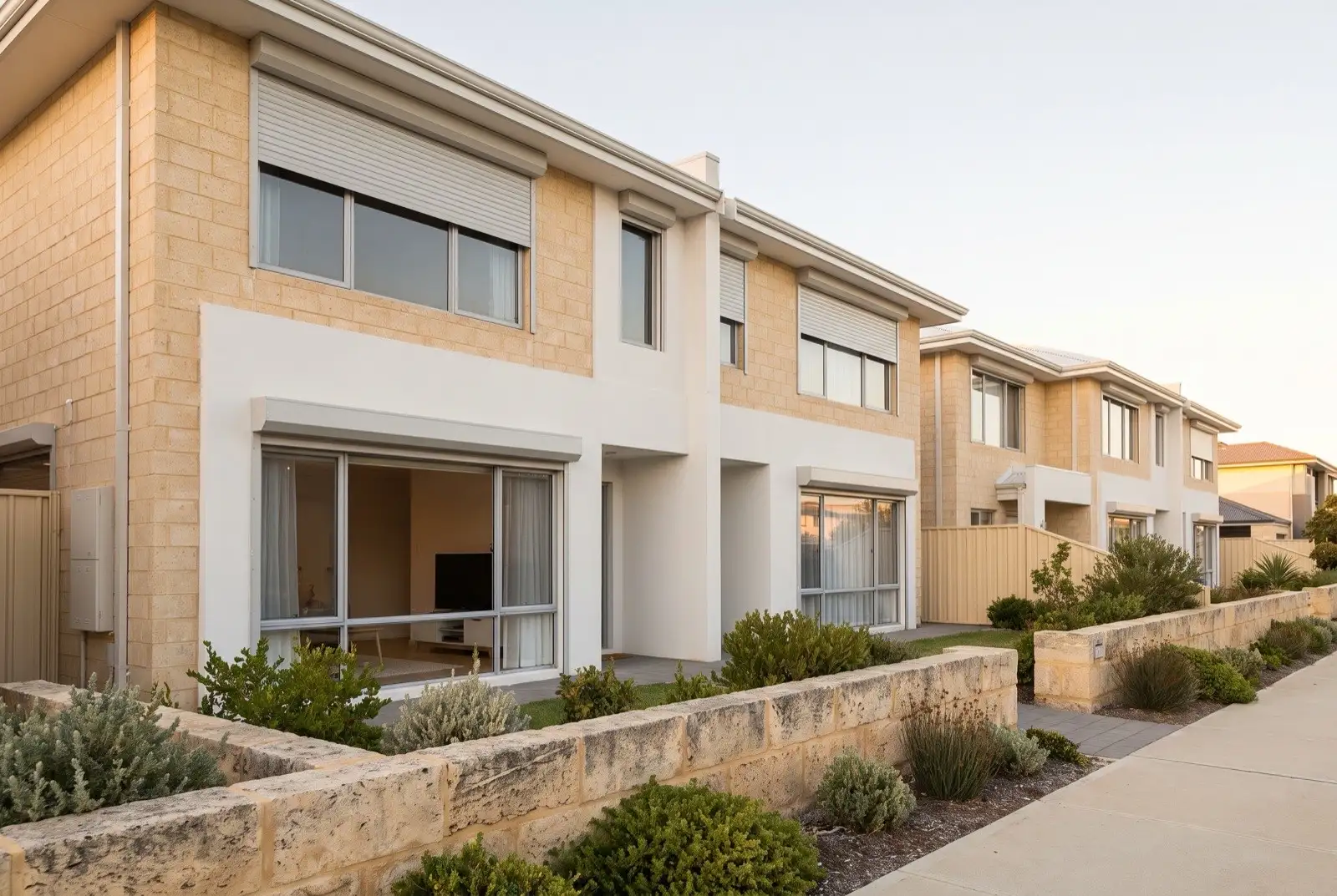 Illustration of pale grey roller shutters on two storey townhouses near the coast