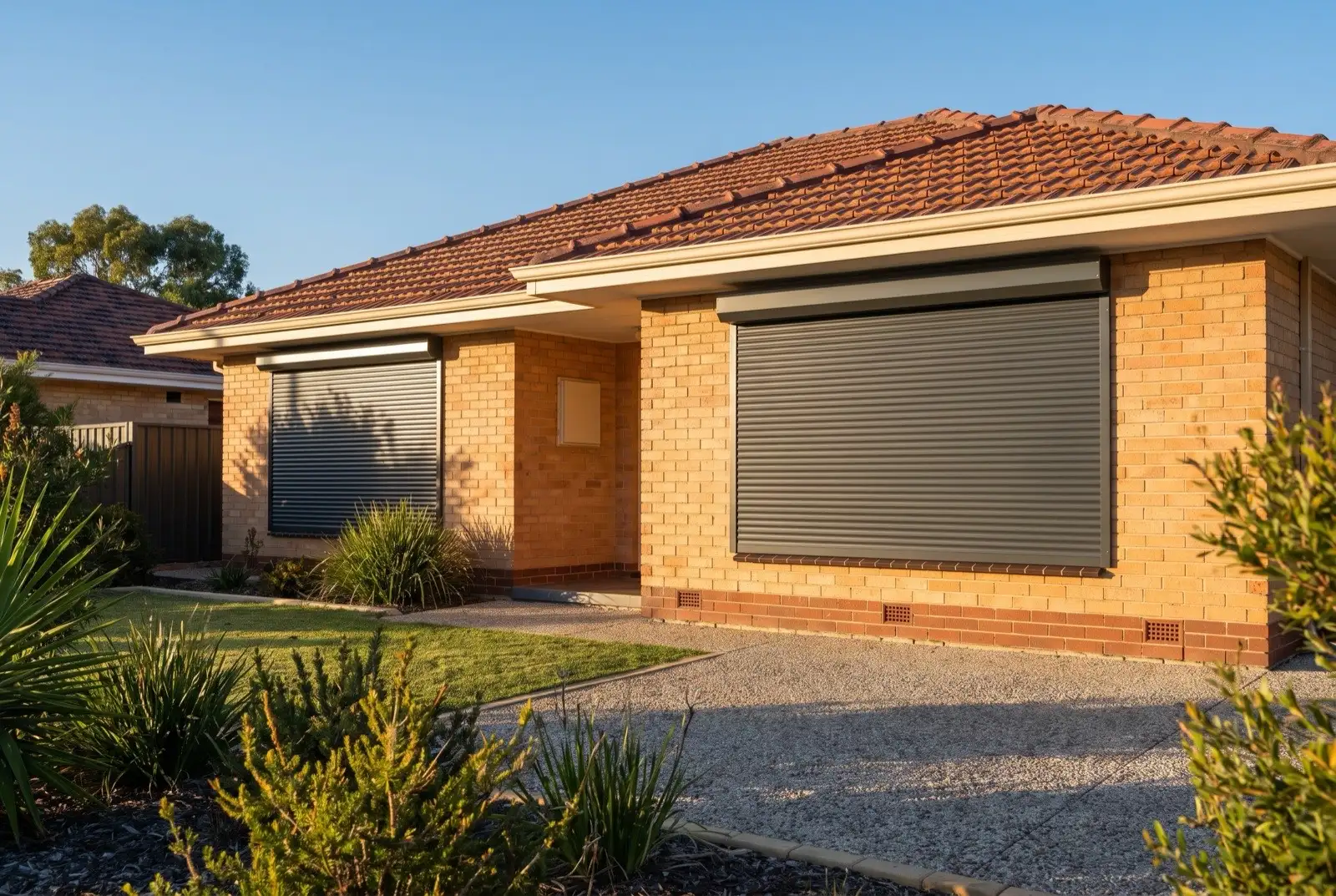 Illustration of charcoal roller shutters on a 1970s brick house