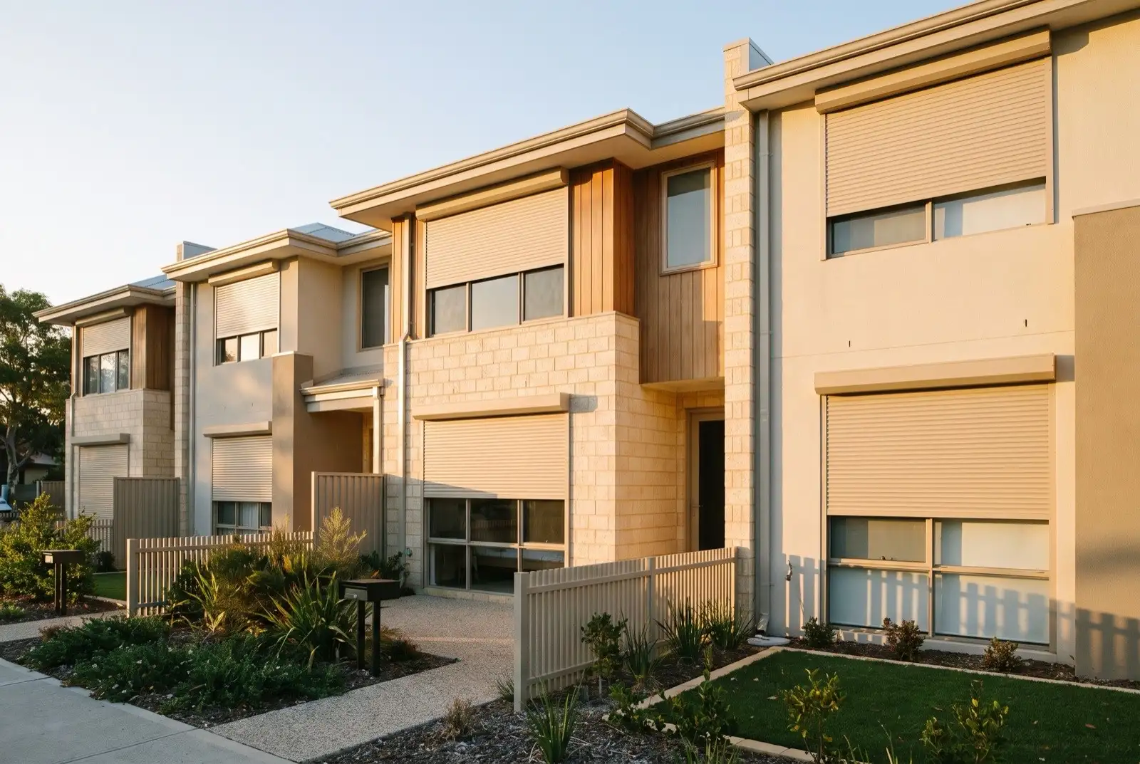 Illustration of warm beige roller shutters on two storey townhouses