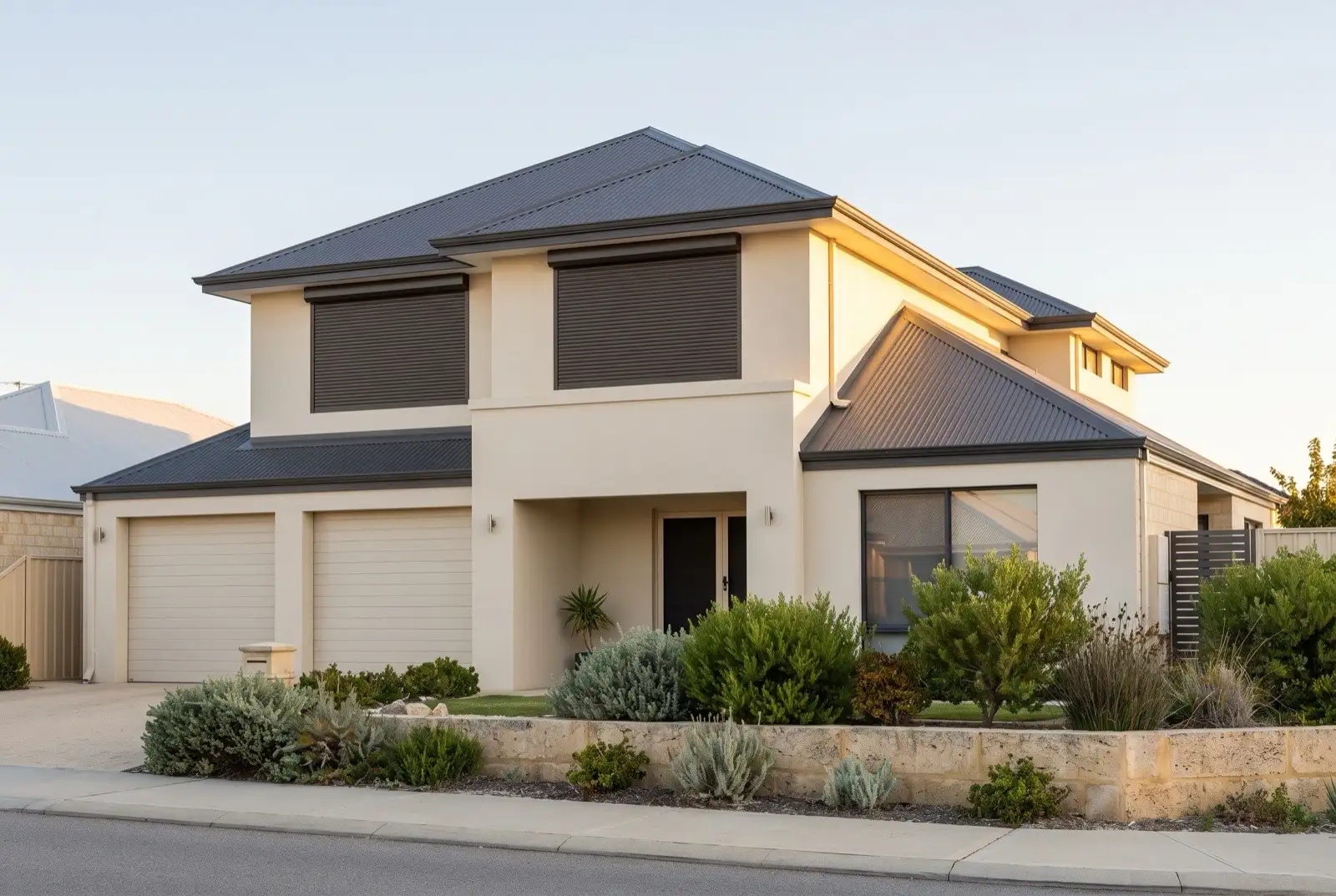 Illustration of dark bronze roller shutters on a modern two storey house near the coast