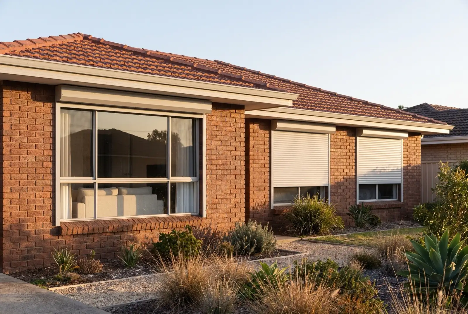 Illustration of pale grey roller shutters on a 1970s brick house
