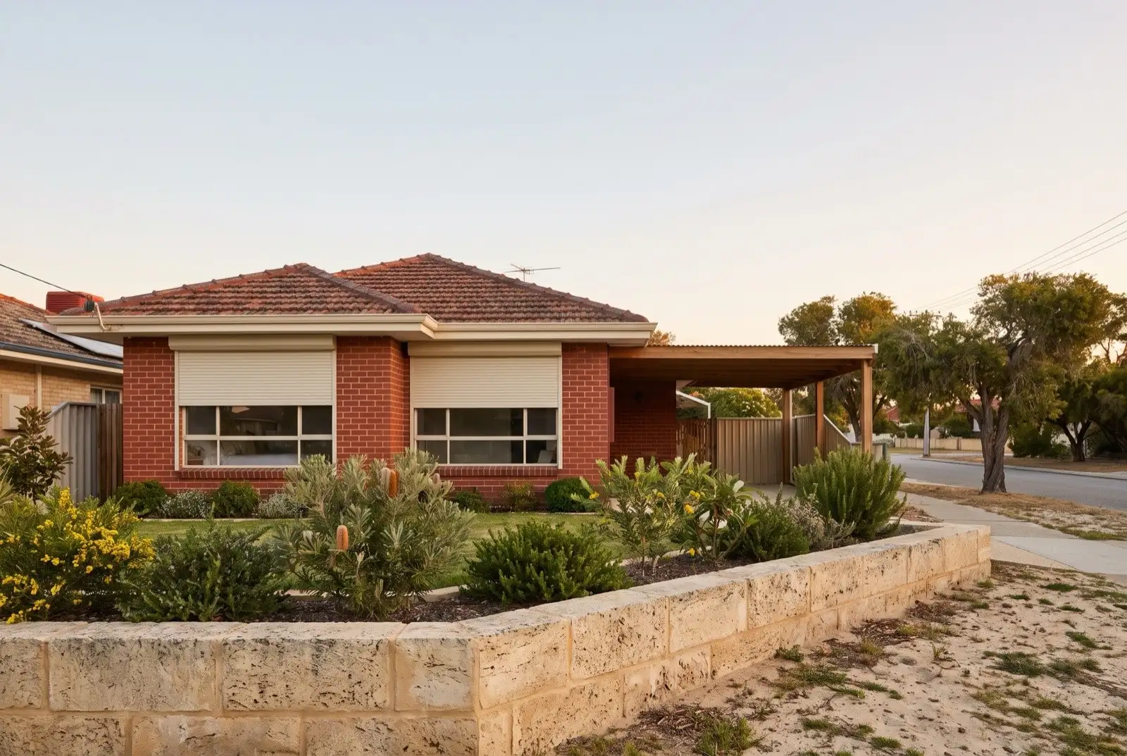 Illustration of off-white roller shutters on a 1950s brick and tile house near the coast