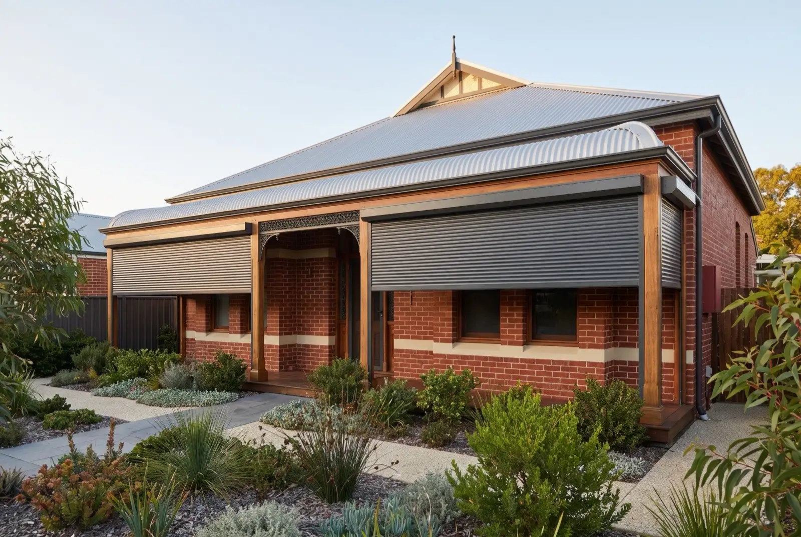Illustration of charcoal roller shutters on a restored early 1900s bungalow