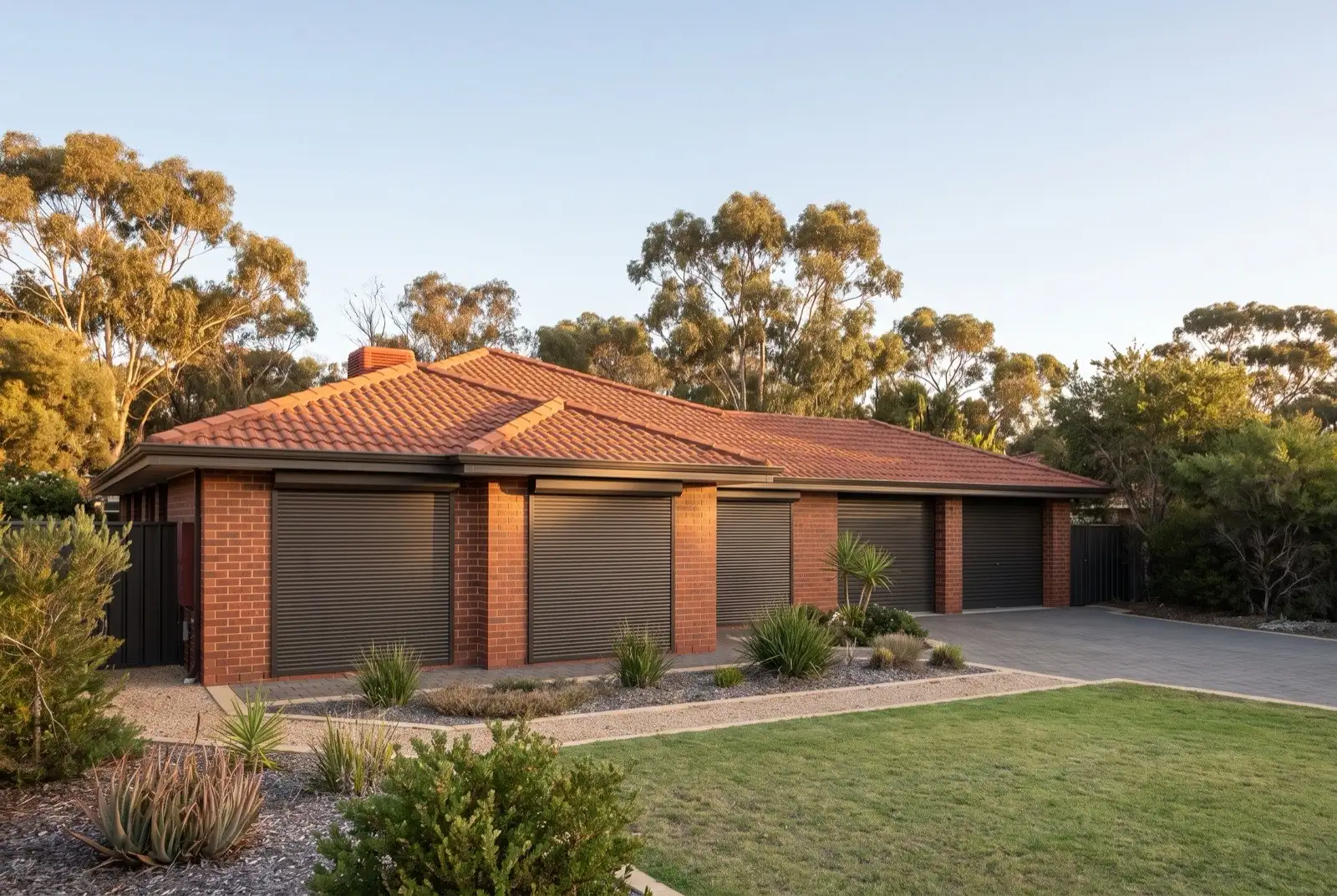 Illustration of dark bronze roller shutters on a 1990s brick house on a bush block
