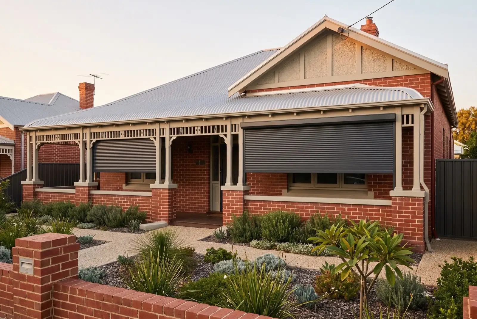 Illustration of charcoal roller shutters on a restored early 1900s bungalow