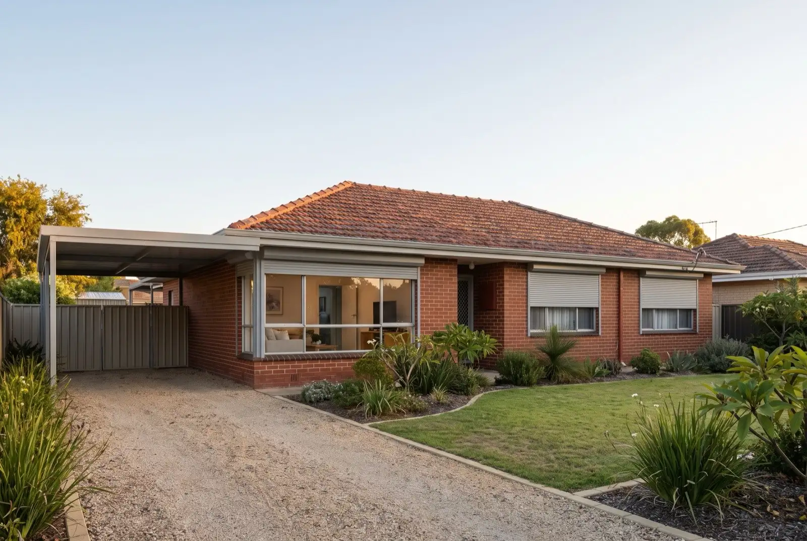 Illustration of mid grey roller shutters on a 1950s brick and tile house