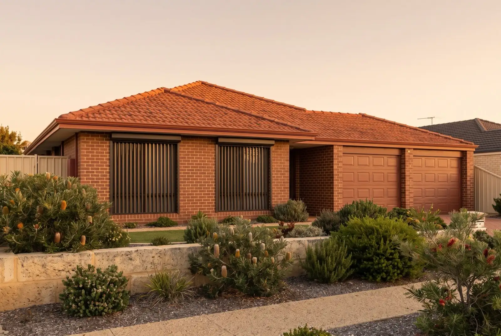 Illustration of dark bronze roller shutters on a 1990s brick house near the coast